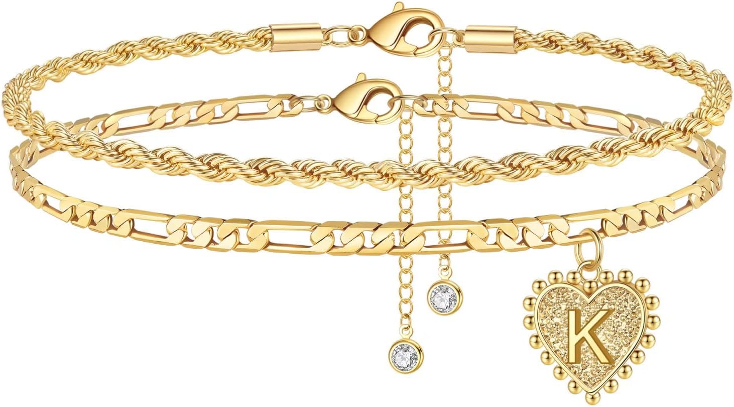 Initial Ankle Bracelets for Women - 14K Gold Filled Dainty Heart Initial Anklet Foot Jewelry Gold Anklets for Women Teen Girls Summer Gifts