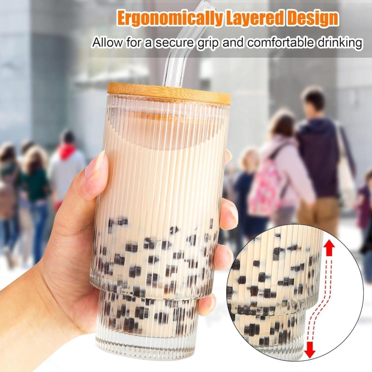 VILON Drinking Glass Can Wooden Lid Sipper Mason Jar for Mojito Ice Tea Juice Travel Mug with Straw | 350ml (350, Ribbed BB LID Sipper with Straw, 1, Sipper) 2