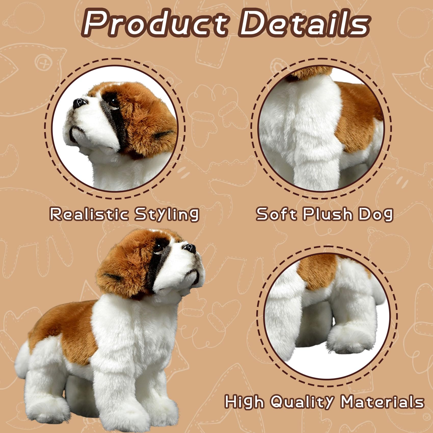 Tiny Heart Saint Bernard dog Stuffed Animal 26cm/10” Realistic Saint Bernard dog Puppy Plush Toy Lovely Cute Soft Gifts for Kids Bedtime Companion Plushie Collection Interactive Play brown - Image 2