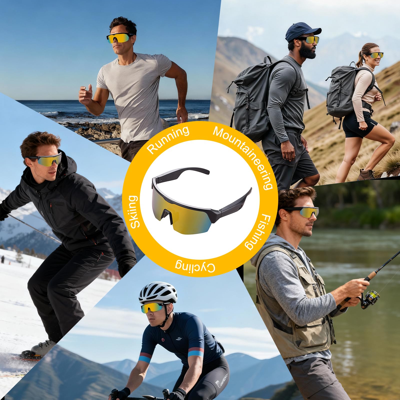 Occhiali da Ciclismo Intelligenti con Bluetooth, Stereo Senza Fili Audio, Occhiali da Sci, Cancellazione del Rumore, Protezione UV, Navigazione Vocale, Adatti per Alpinismo, Sciare e Corsa