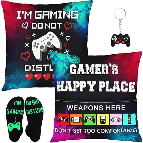 Gamer Gifts for Teenage Boys Men, Gaming Accessories for Room, for Gamers, Game Room Decor, Gaming Pillow Case and Socks Video Game Gifts Set for Teen Boys Men Son Husband 18" x 18"