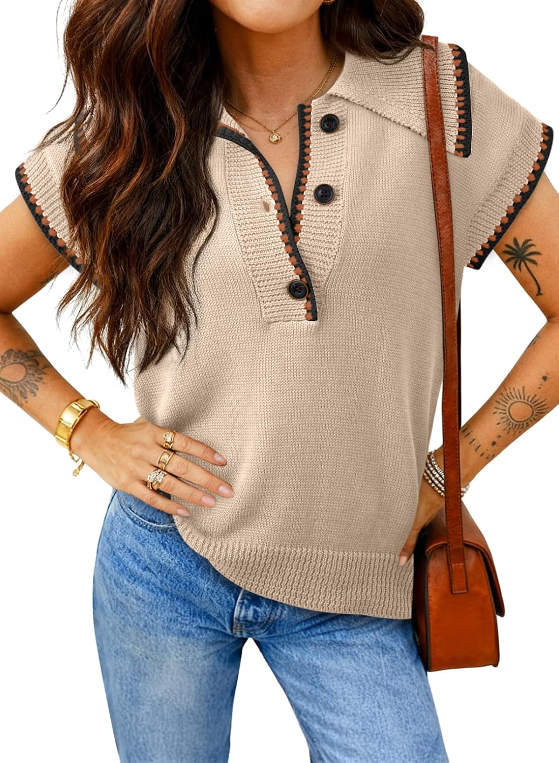 Dokotoo Womens Short Sleeve Sweater Spring Summer Tops Button Collar Lightweight Knit Sweaters Vacation Outfits - Image 2