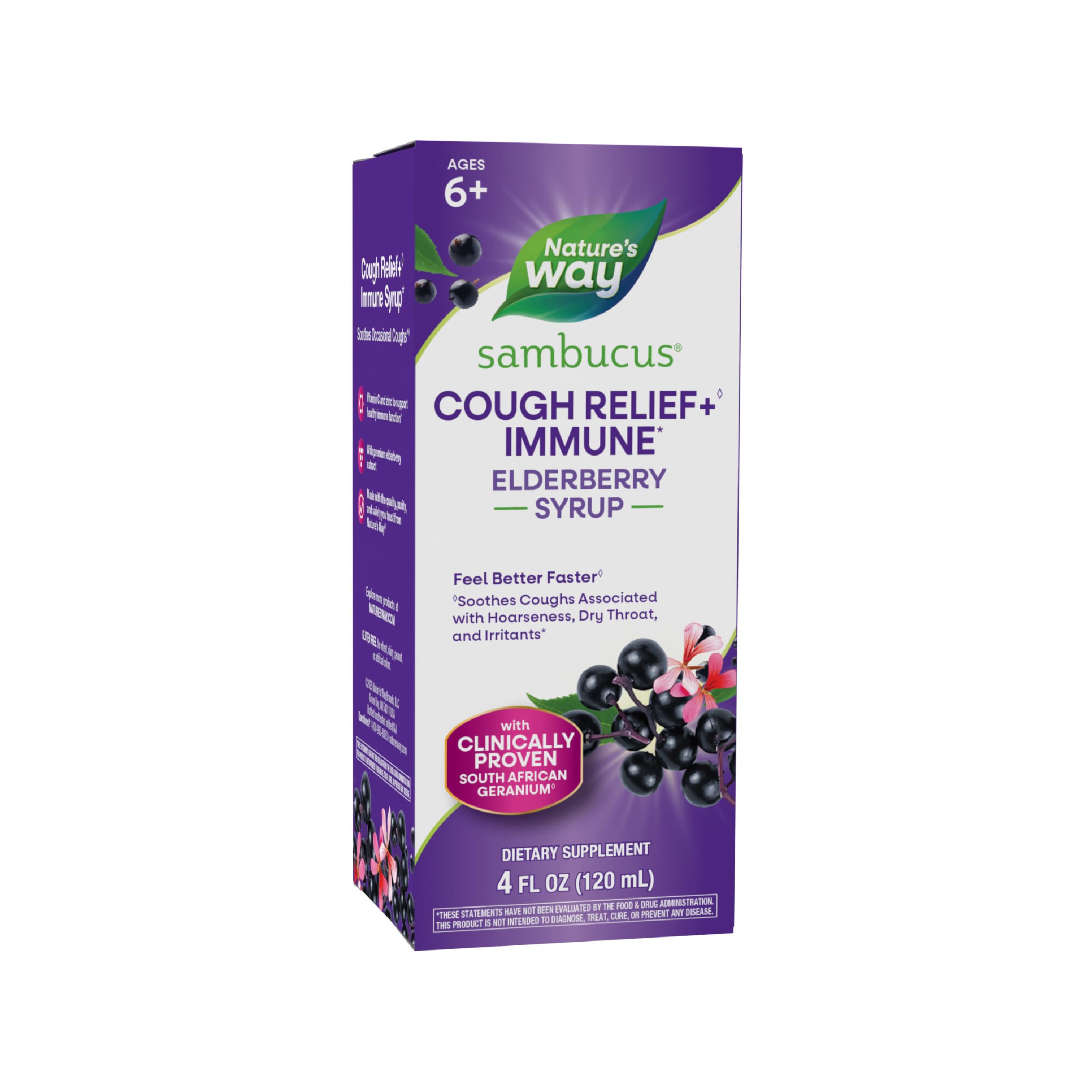 Nature’s Way Sambucus Cough Relief +(1) Immune* Syrup, Feel Better Faster(1) Clinically Proven South African Geranium, with Elderberry Extract, Vitamin C & Zinc, Vegan, 4 Fl Oz (Packaging May Vary)