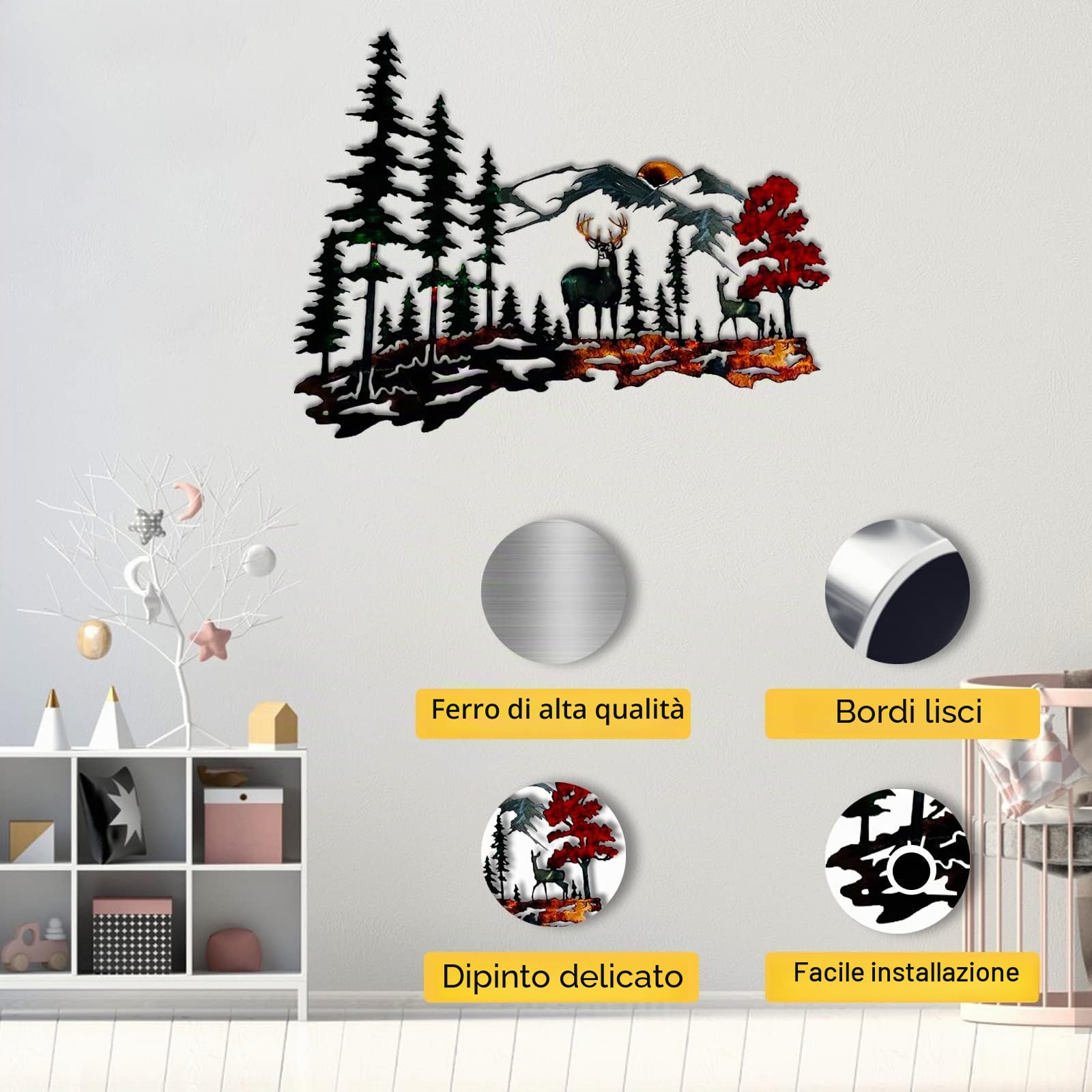 Decorazione da parete in metallo con cervi, decorazione da parete in metallo, rustica, decorazione da parete, per casa, camera da letto, bagno, casetta, 30 x 30 cm