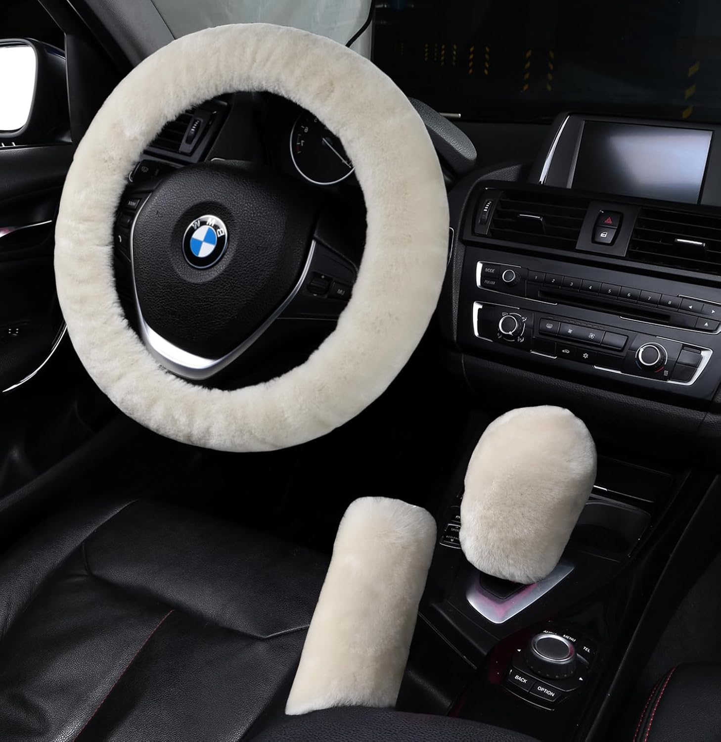 3 Pcs Genuine Sheepskin Car Steering Wheel Cover Natural Fur Wool w/Handbrake Cover Gear Shift Cover for Women Anti-Slip Universal for 15 inch