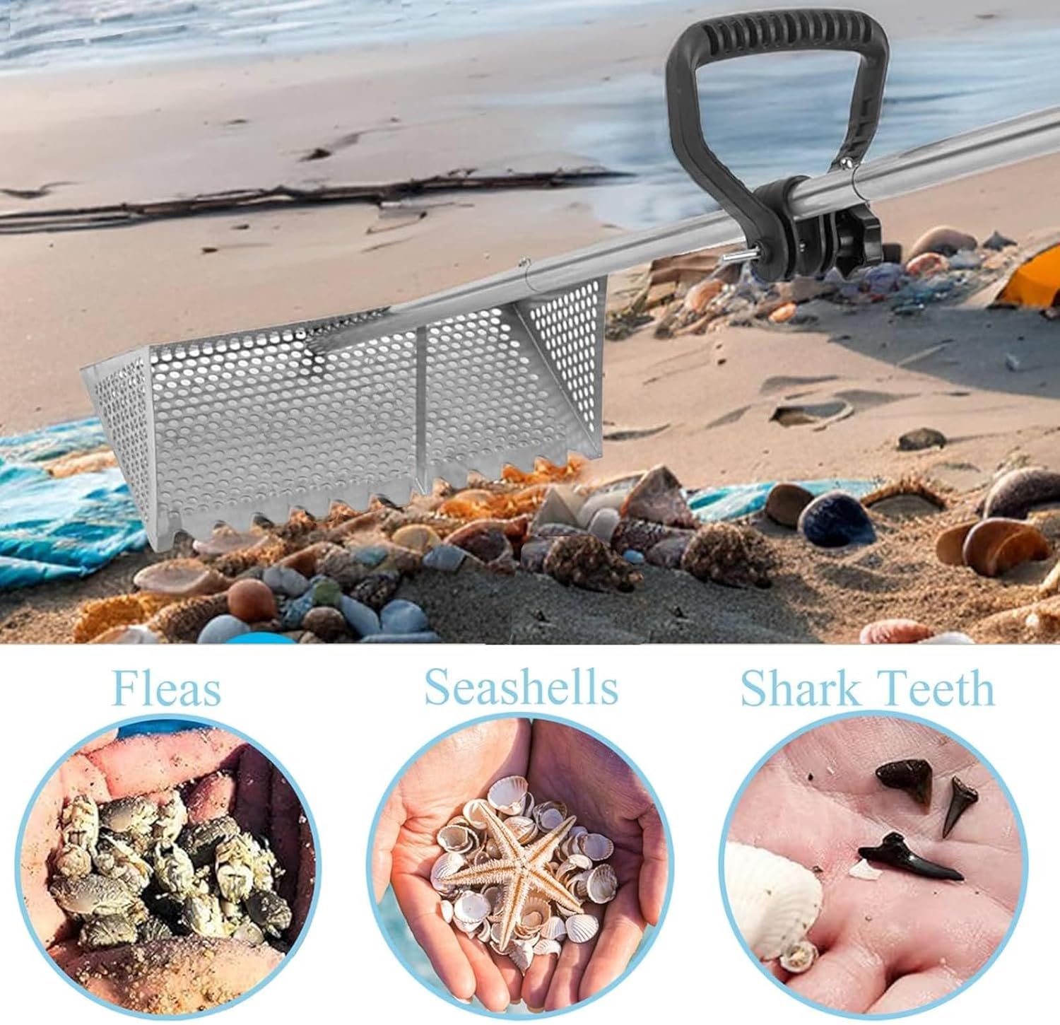 Sand Flea Rake, The Shark Tooth Screen Comes with A 16-Inch-Wide Drain Screen with A 51-Inch Handle, Detachable Sand Flea Rake, Shark Tooth Screen (Water Bucket not Included)