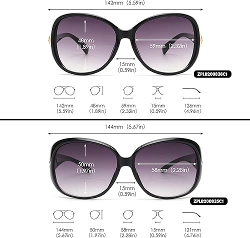Miniatura 6 de JM Gafas de sol de lectura bifocales clásicas para mujer, protección UV, color negro +4.0