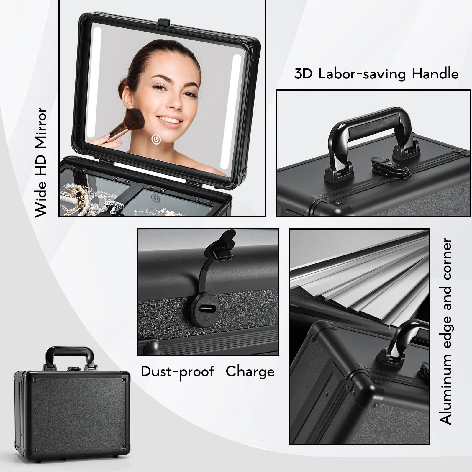 Mallette de maquillage de voyage avec miroir LED - Boîte de rangement avec séparateurs réglables et plateaux pliables - Noir mat.