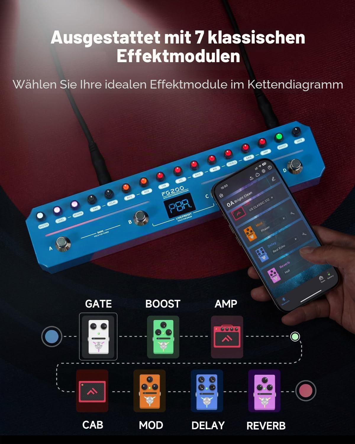 FLAMMA FG200 Intelligentes Gitarrenpedal mit 52 Ampere-Modelle, 5 Boost-Modelle, 16 CAB-Simulationen, 7 Effektmodule, 9 IR-Steckplätze, 40 Voreinstellungen, 40 Rhythmus-Stile