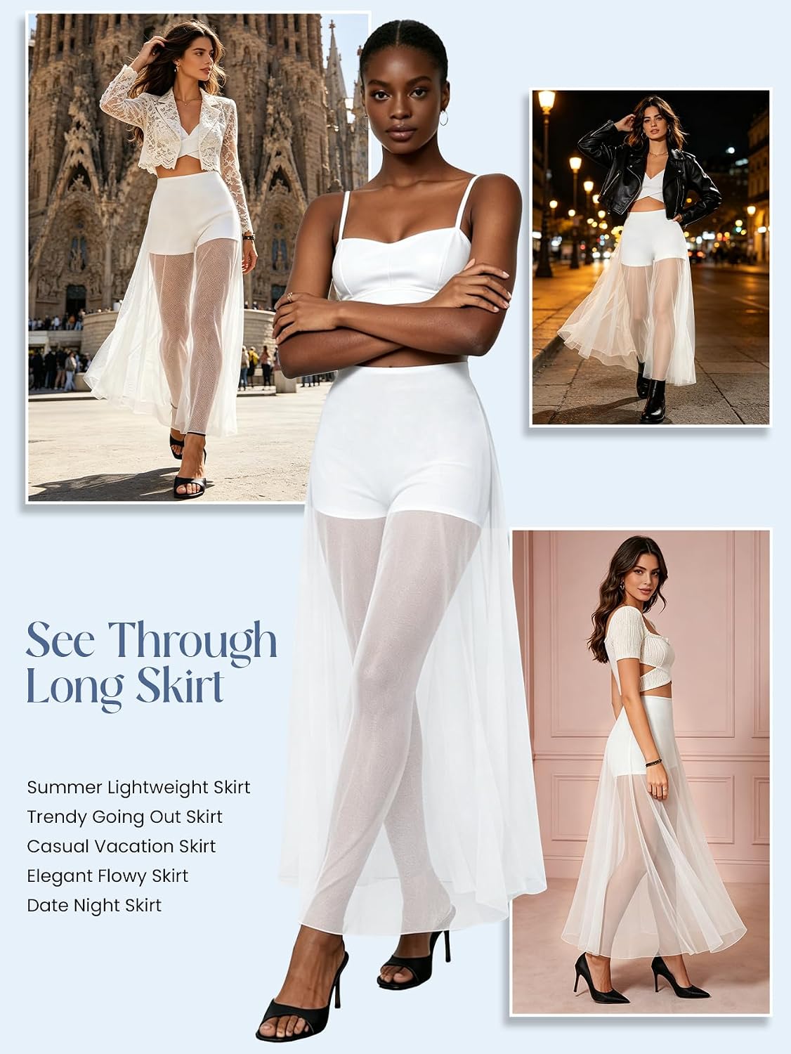 Women's High Waist A-Line Sheer Mesh Maxi Skirt with Built-in Shorts - Trendy See Through Summer Going Out Long Skirt