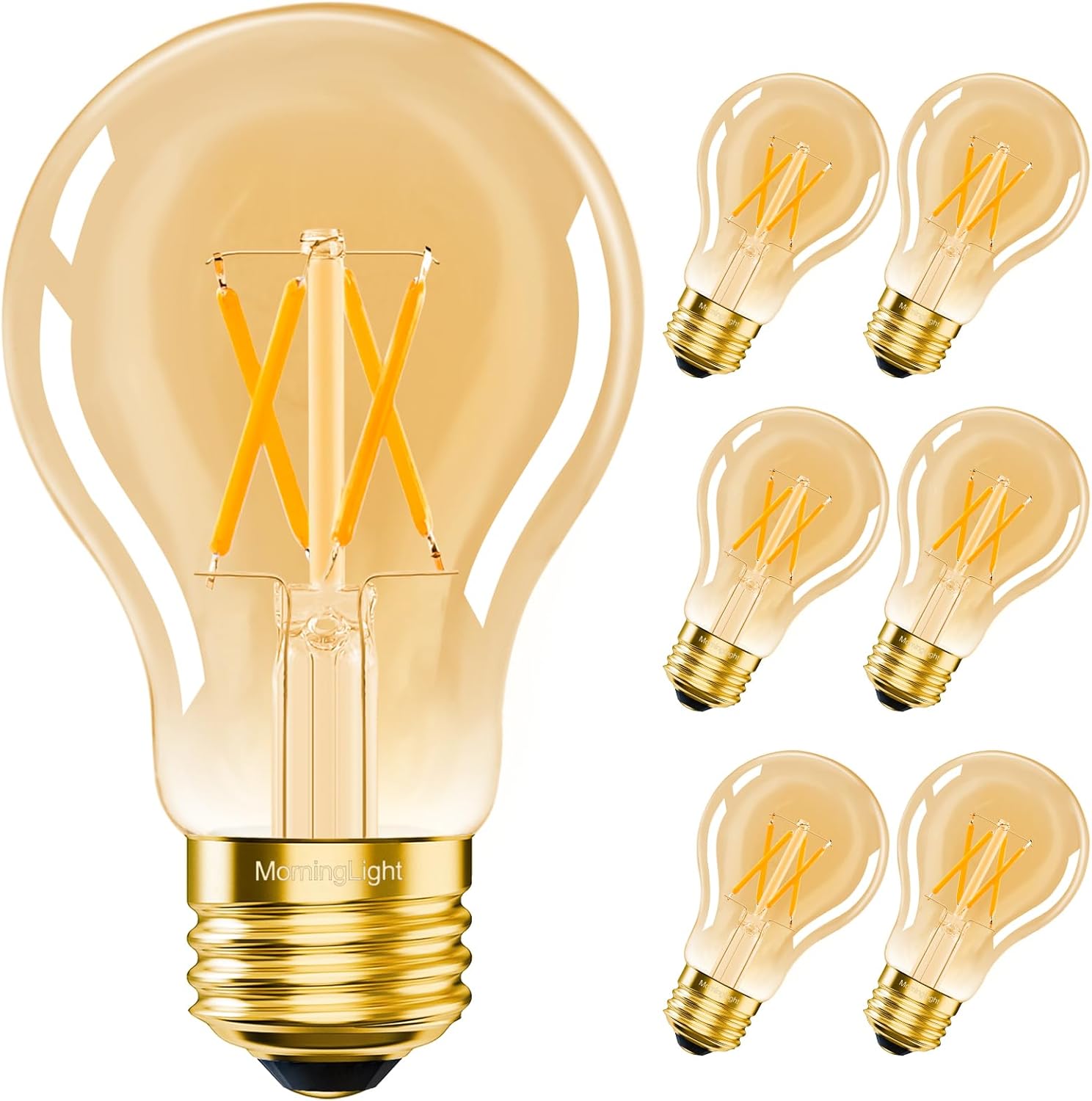 MorningLight 6-Pack Dimmable A19 Vintage LED Edison Bulbs 60W Equivalent, 2700K Warm Amber Glow LED Bulbs, E26 Base 6W Decorative Antique Filament Bulbs for Pendant, Sputnik Chandelier, 600LM, CRI 90+