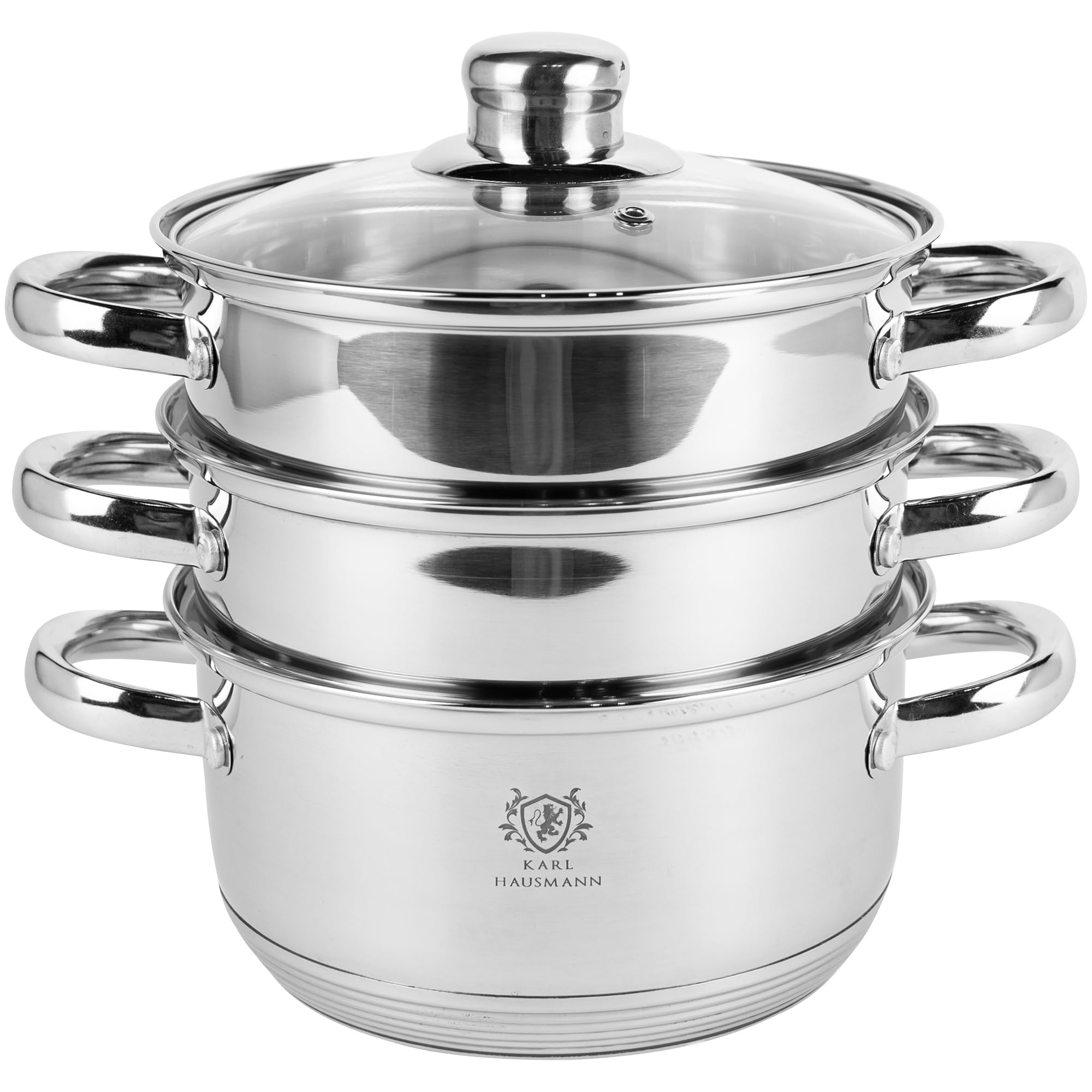 KARL HAUSMANN Cuiseur Vapeur 2,4L 18 cm - Cuit Vapeur Inox Pour Induction, Marmite Vapeur 3 Niveaux Avec Couvercle En Verre, Cuisson Vapeur Pour Légumes, Poisson, Raviolis Et Pommes De Terre