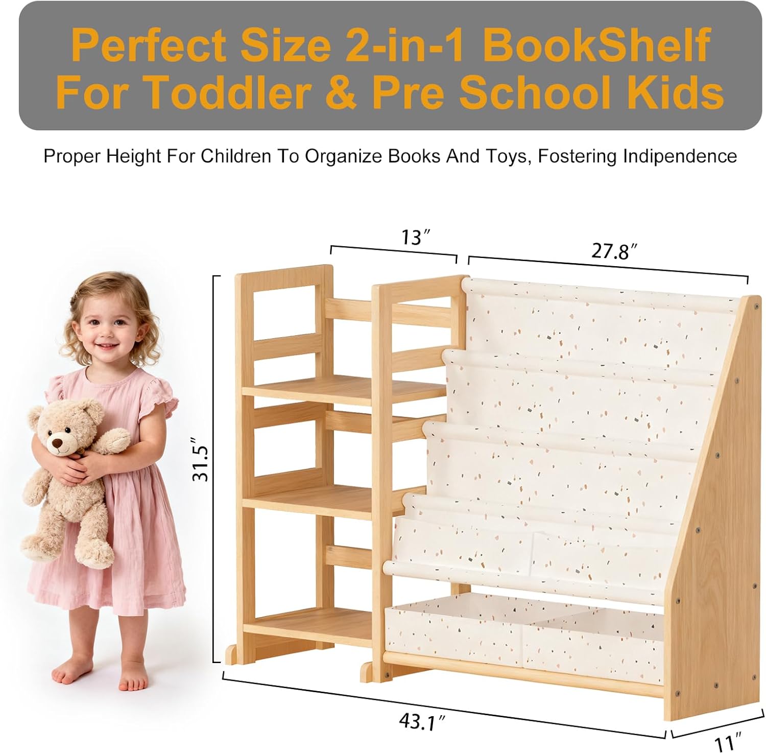 Kids Bookshelf and Toy Storage - 3 Tier Wood Kid Book Shelf for Kids Room, Toddler Bookshelf Book Organizer with Sling Pocket, Baby Bookcase for Nursery, Kindergarten, Playroom - Cream Terrazzo - Image 2