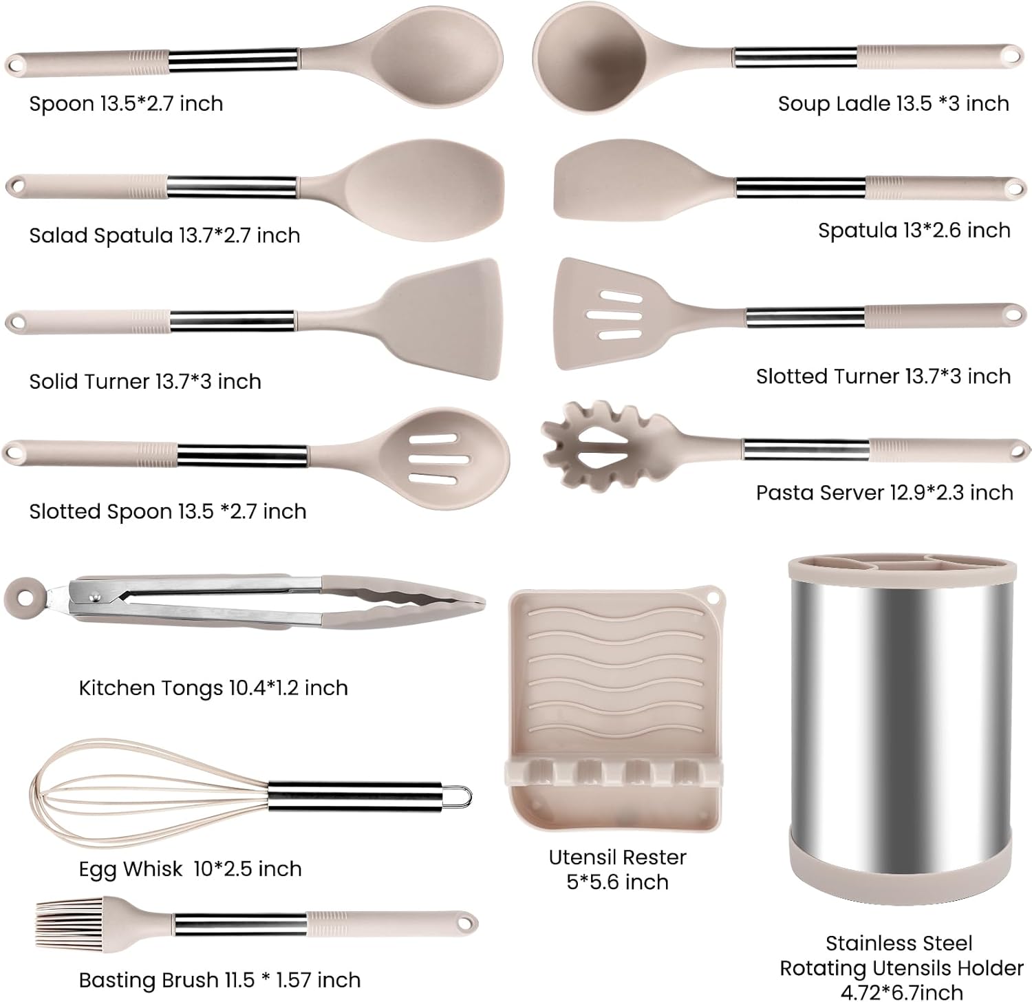 Silicone Cooking Utensil Set,Kitchen Utensils 13pcs Set Non-stick Heat Resistan BPA-Free Stainless Steel Handle，Stainless Steel Rotating Utensils Holder -Khaki