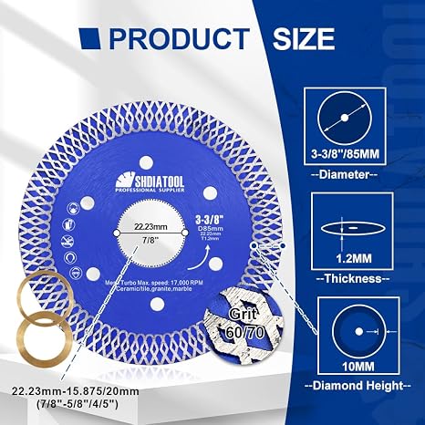 SHDIATOOL Diamond Cutting Disc 85mm 3-3/8Inch Super Thin X Mesh Turbo Saw Blade for Tile Marble Ceramic Porcelain