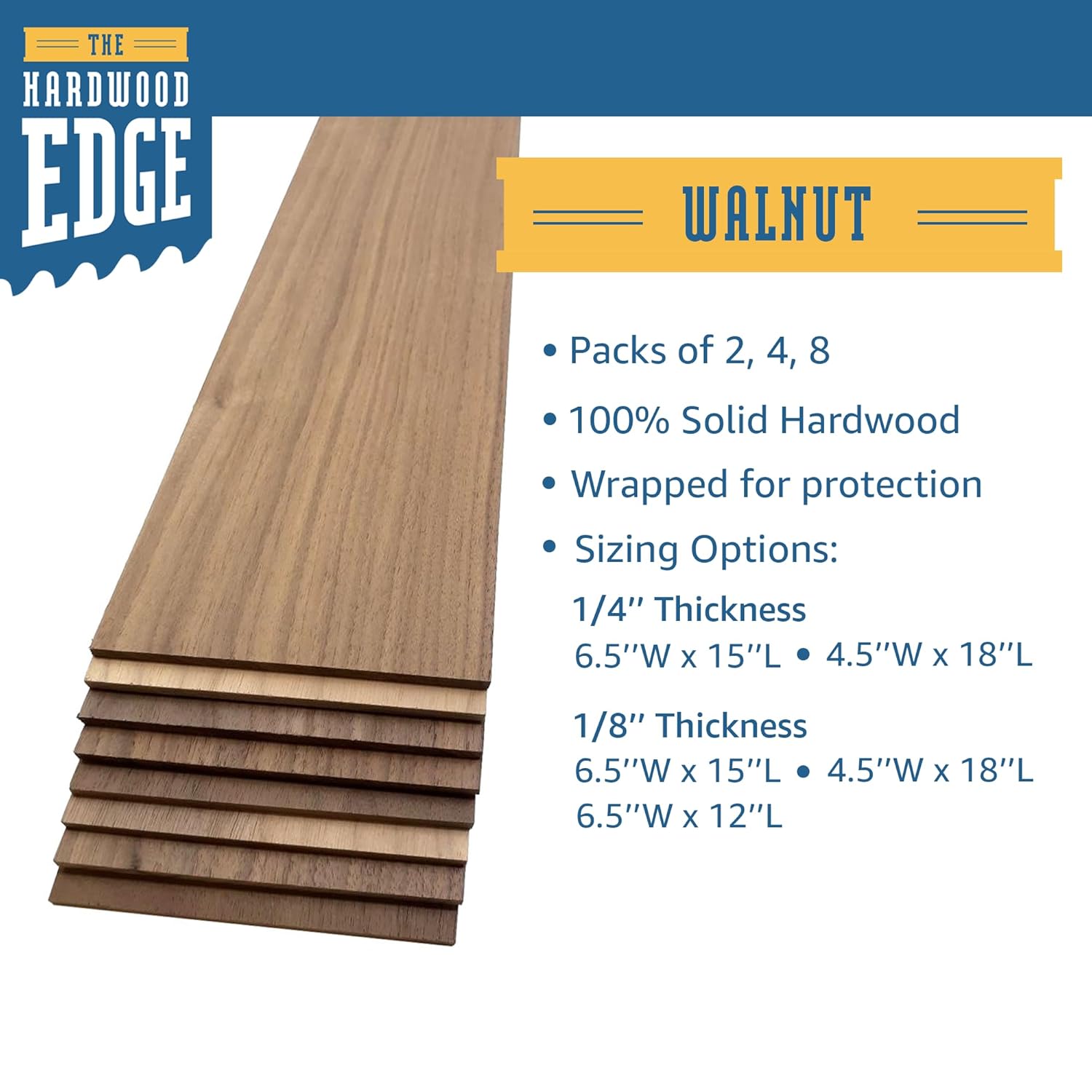Walnut Hardwood Planks - Walnut Wood for Unfinished Wood Crafts - 1/4’’ (6mm) 100% Pure Hardwood - Laser Engraving Blanks - Solid Hardwood Planks for Crafts (1/4″ x 6 1/2″ x 15″, 2)