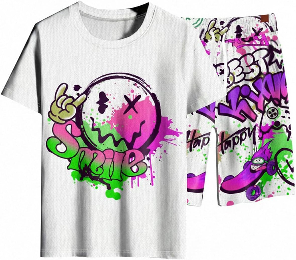 WDIRARA Men's 2 Piece Short Sets Graphic Print Short Sleeve T Shirts and Drawstring Shorts Clothing Set