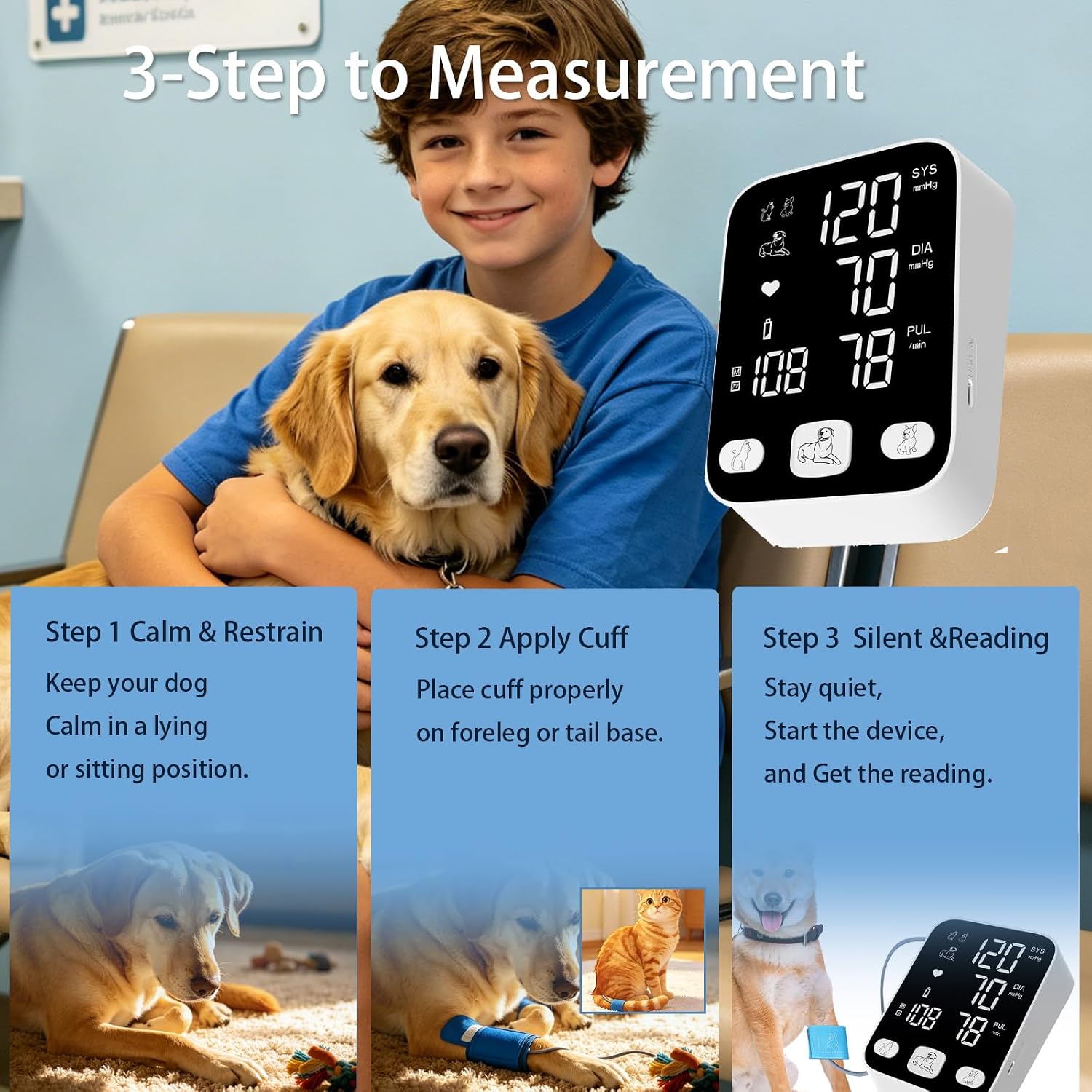 Dog Blood Pressure Monitor for Home Use Vet Dog/Cat/Pet Veterinary Animal Automatic Digital BP Machine with Large LCD Screen Backlight 3X199 Data Memory Silent Prompt L/M/S 3 Cuff