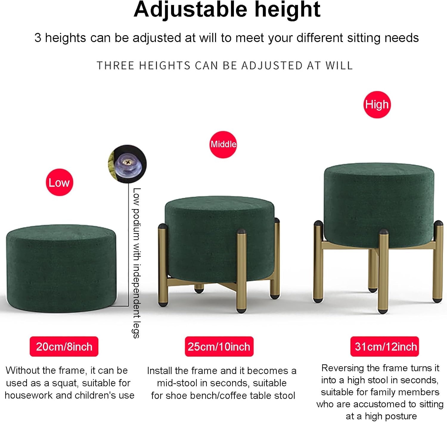 モダンな布張りのラウンドオットマン ゴールドレッグ付き 高さ3つのオプション 取り外し可能 洗濯可能 カバー 万能フットスツール バ