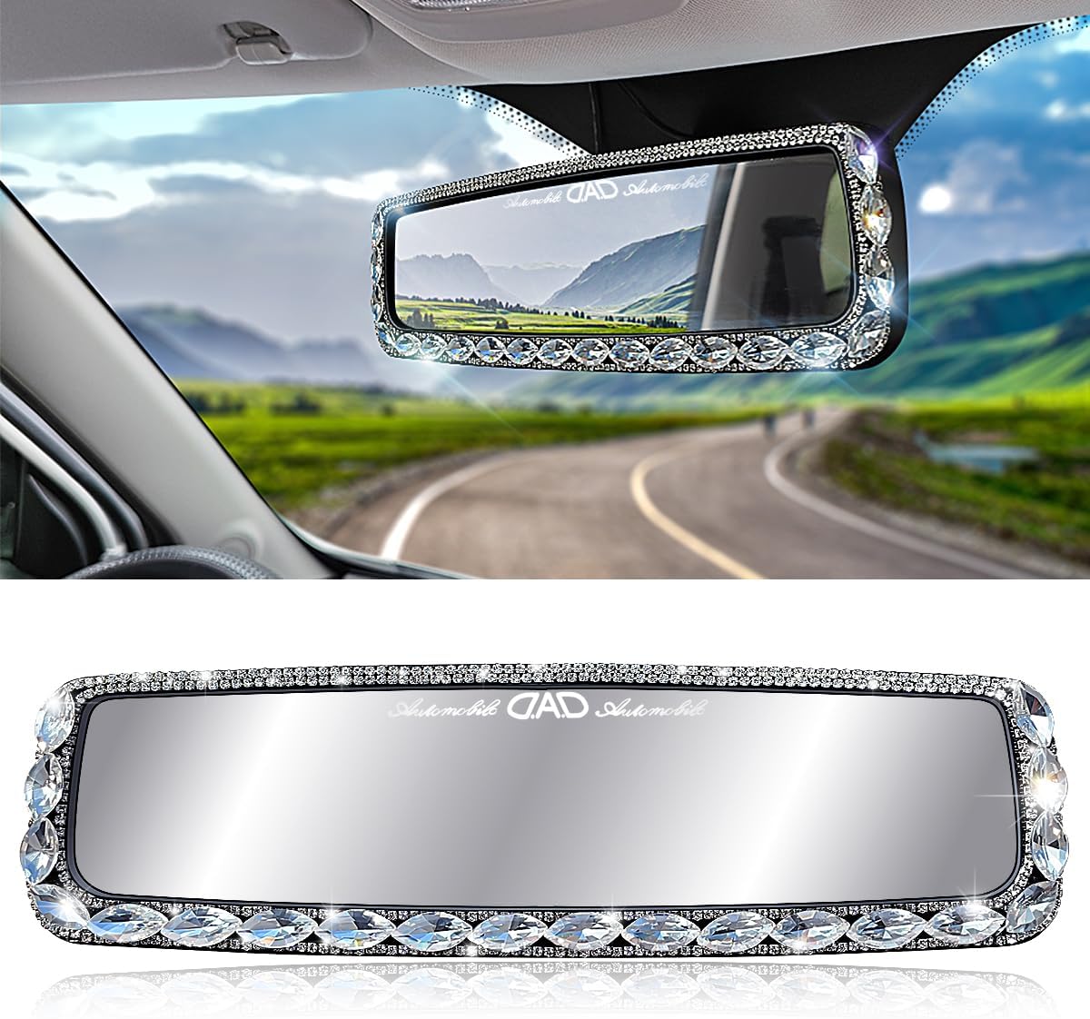 Bling Car Rearview Mirrors Decorations Rear View Mirror with HD Glass Rhinestones Automotive Interior Mirrors(MYHSJ-white)