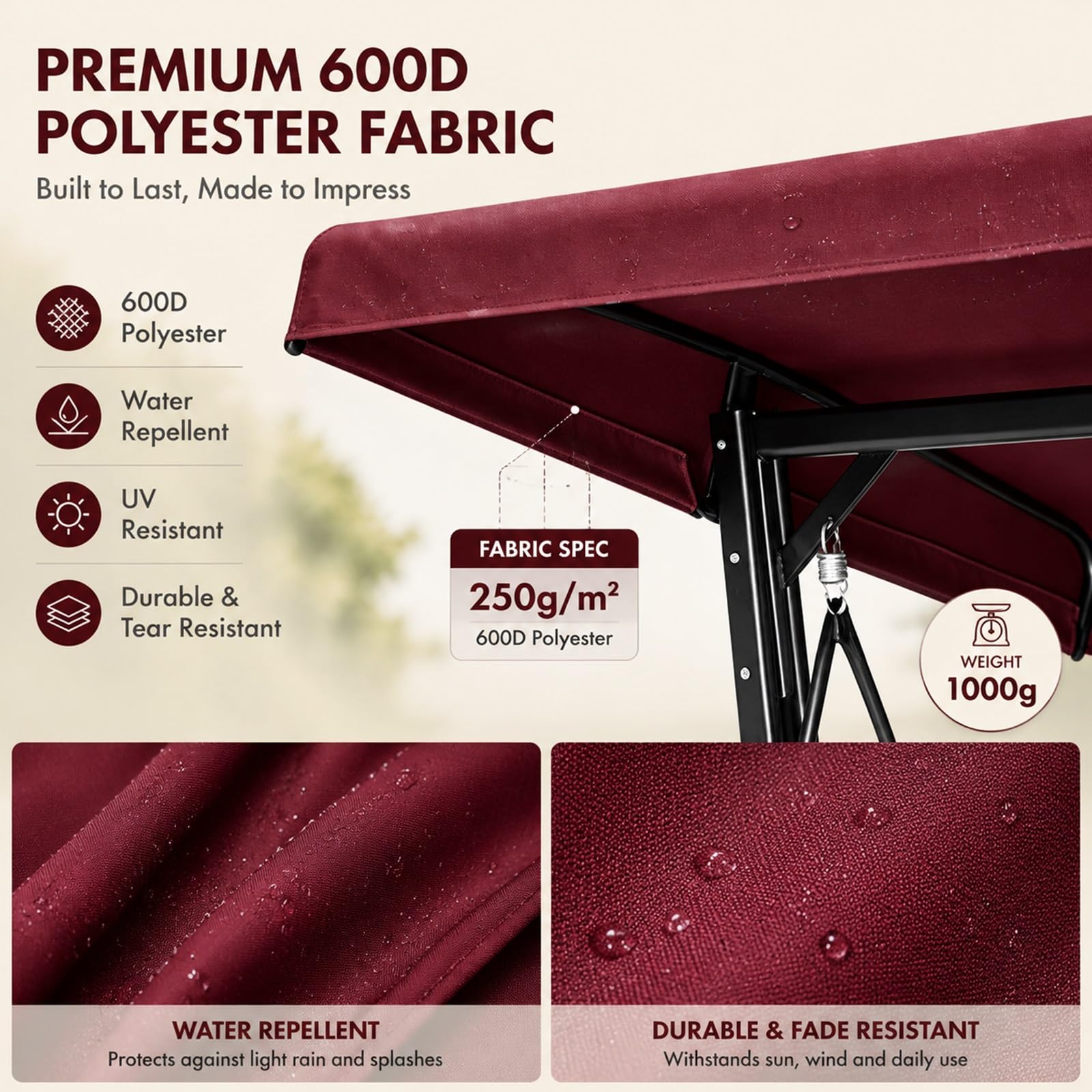 Copridondolo tetto sostitutivo per dondolo esterno da patio | Tessuto Poliestere 600D 250g/m², Adatto Giardino Terrazzo Piscina(Green,62.2*46.5*7.5*5.9in)
