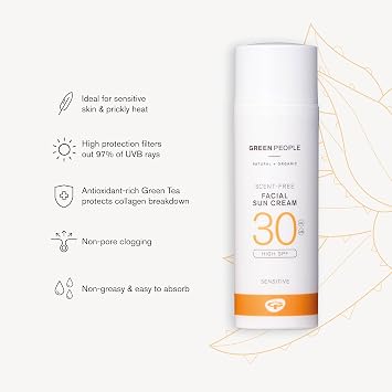 Green People Scent Free Facial Sun Cream SPF30, 50ml | Sunscreen for Sensitive Skin and Prickly Heat, Vegan and Cruelty Free, Organic Facial Sun Cream
