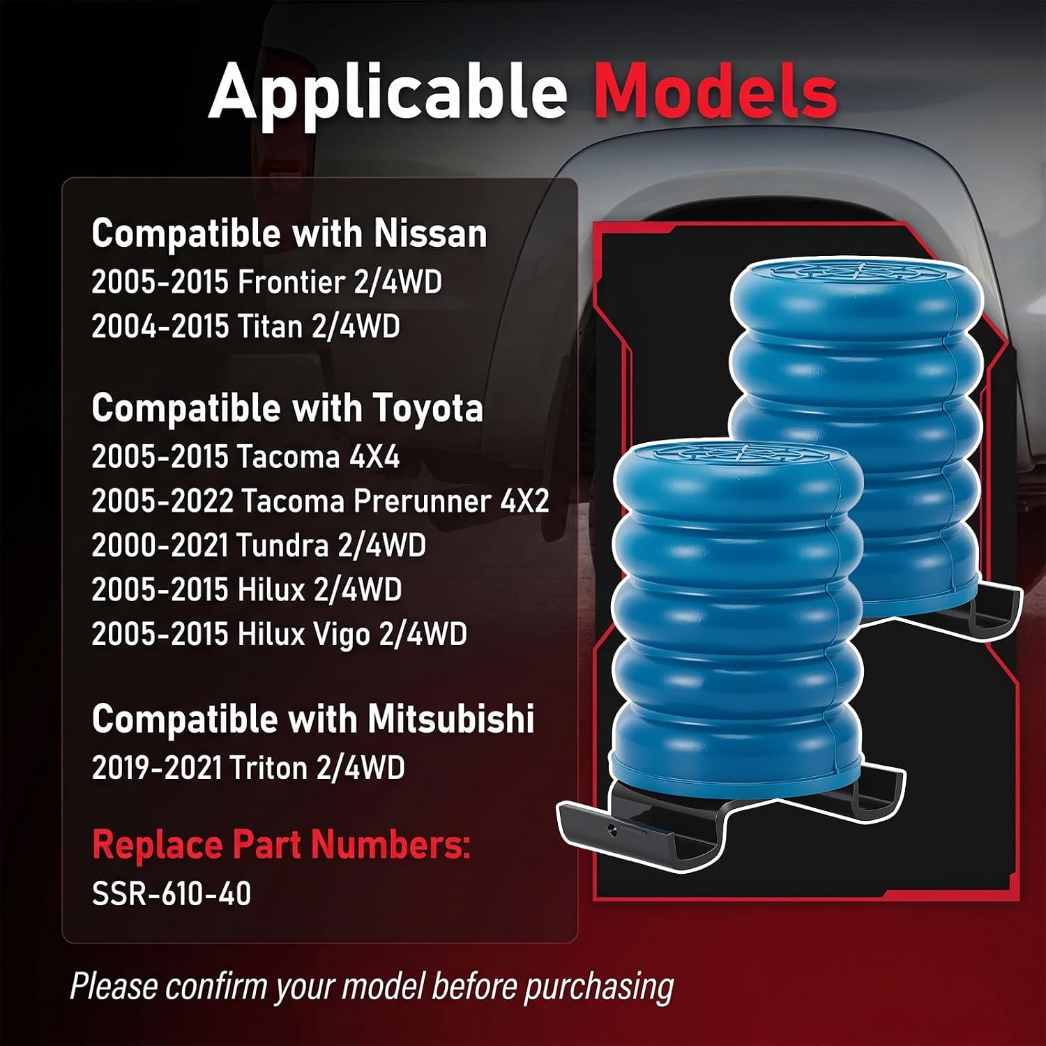 SSR-610-40 Rear Suspension Left and Right Air Helper Spring Kit Compatible with 2005-2015 Toyota Tacoma, 2000-2021 Tundra,Frontier Titan, Hilux Triton - Replace# SSR61040