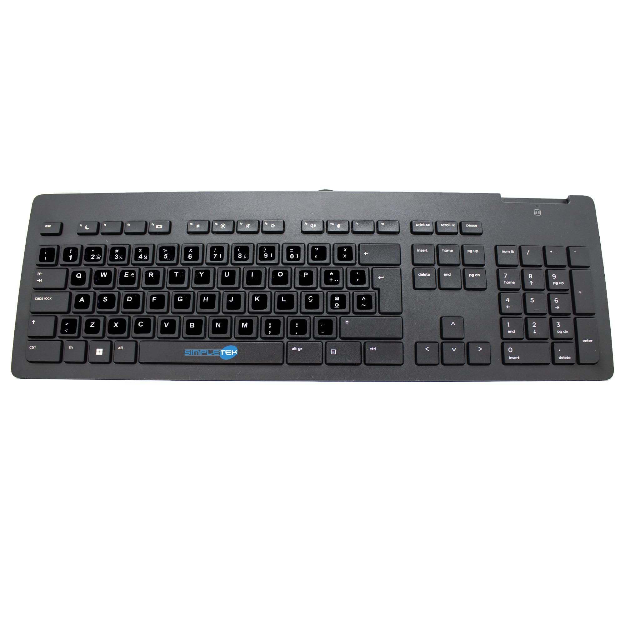 SIMPLETEK - Teclado Slim USB Lector SmartCard Layout QWERTY Portugués | Modelo con cable ultrafino con lector de tarjetas integrado, escritura silenciosa y cómoda para oficinas y negocios.