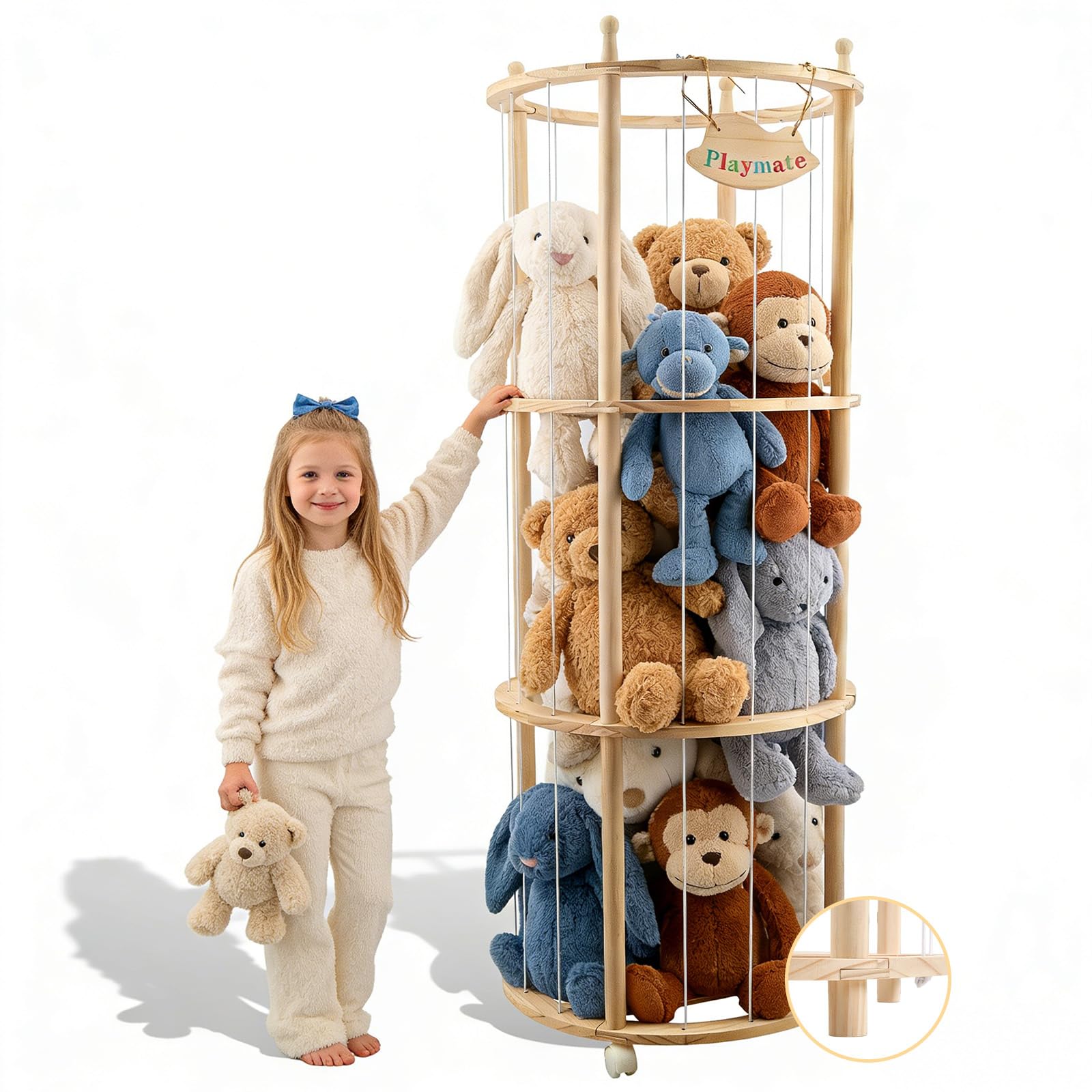Almacenamiento de peluche, con ruedas equipadas de freno de 360°, ideal para habitación de bebé, salón, dormitorio, muebles de habitación infantil (137 x 51 x 51 cm)