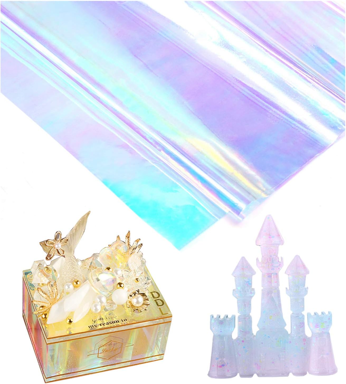 Rainbow Glossy Clear Film for Resin Fillers, Iridescent Cellophane Wrapping Paper Wrap Roll Colorful for Resin Decorative Jewelry Making, Home Dec, Crafts Decoration Supplies