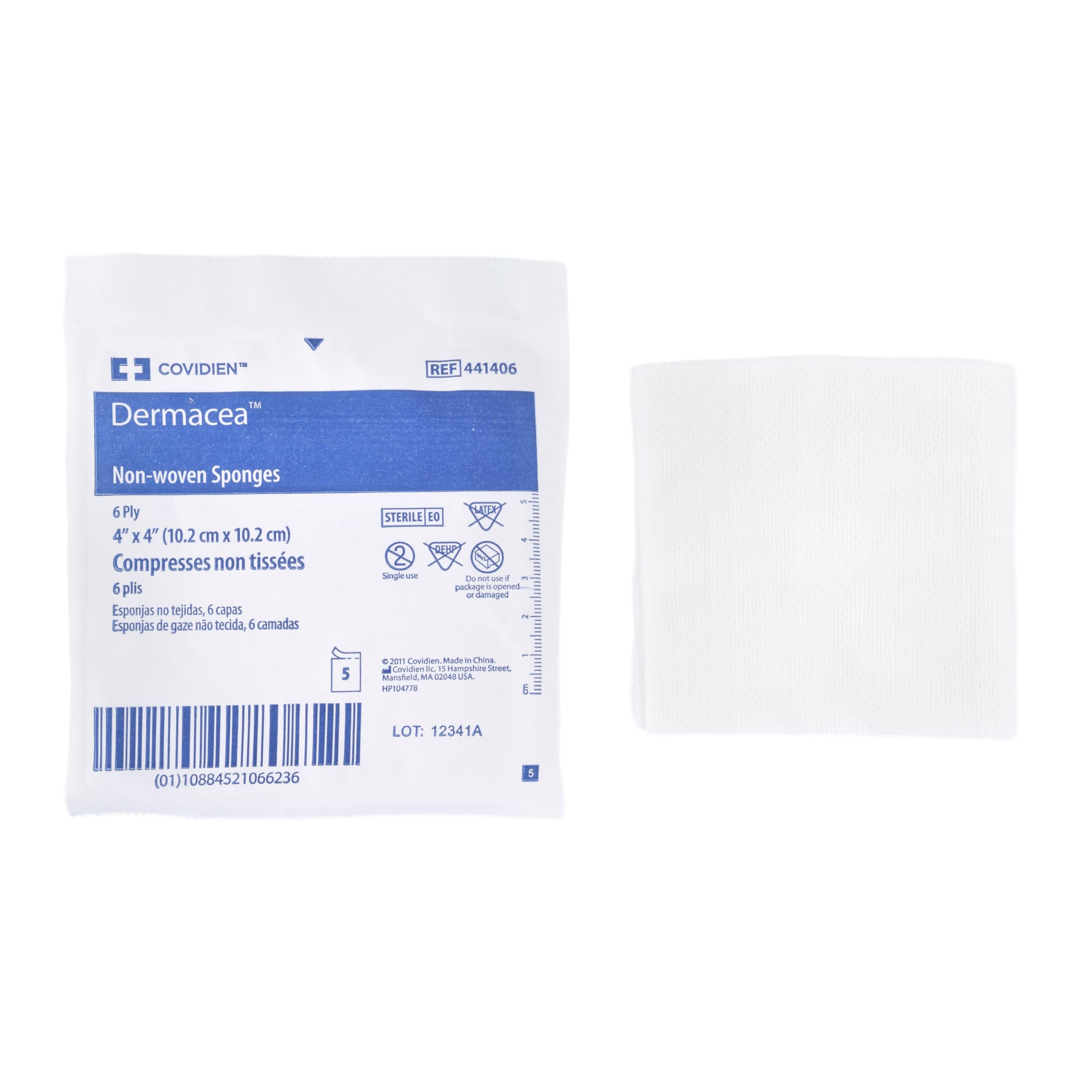 Cardinal Health™ Dermacea™ Spugna di garza multiuso in tessuto non tessuto, sterile, 10,2 x 10,2 cm, 6 strati, 441406, confezione da 800