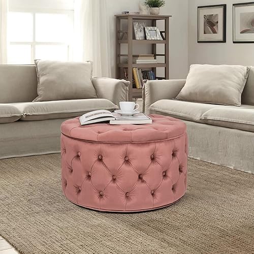 Miniatura 22 de Joveco Otomana redonda de almacenamiento, otomana tapizada con botones y parte superior extraíble, banco de almacenamiento, mesa auxiliar, Negro,