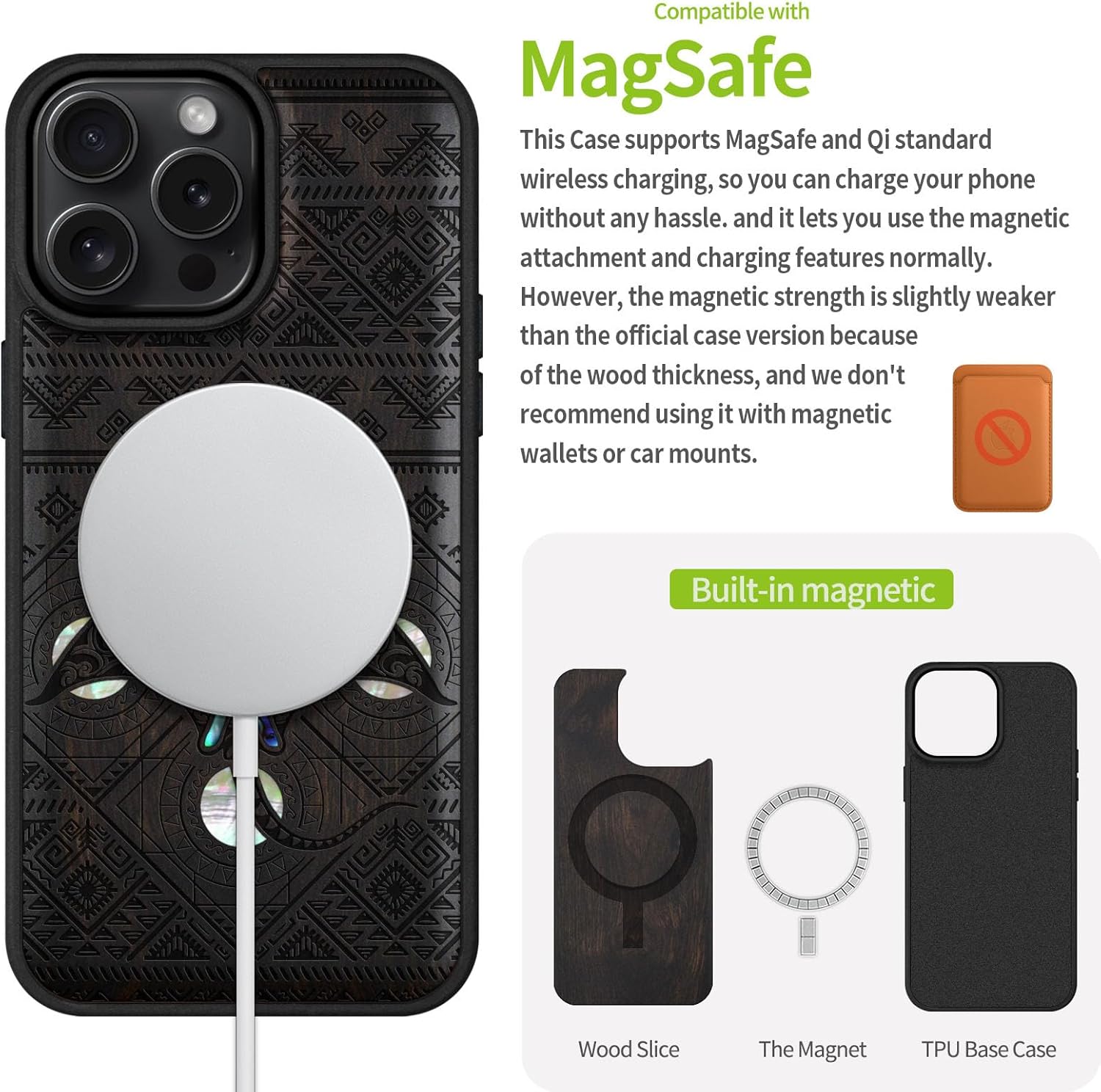 Carveit Magnetic Case for iPhone 16 Pro Max Case, Wood Artisan Engraved & Handmade Shell Inlaid, TPU Shockproof Cover, Compatible with MagSafe Wireless Chargers (The Tribal Manta Rays) Blackwood