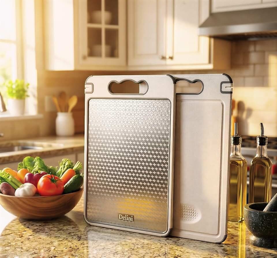 Tábua de Corte 5-em-1 Delini com Lado Aço Inox e Afiador integrado Dupla face