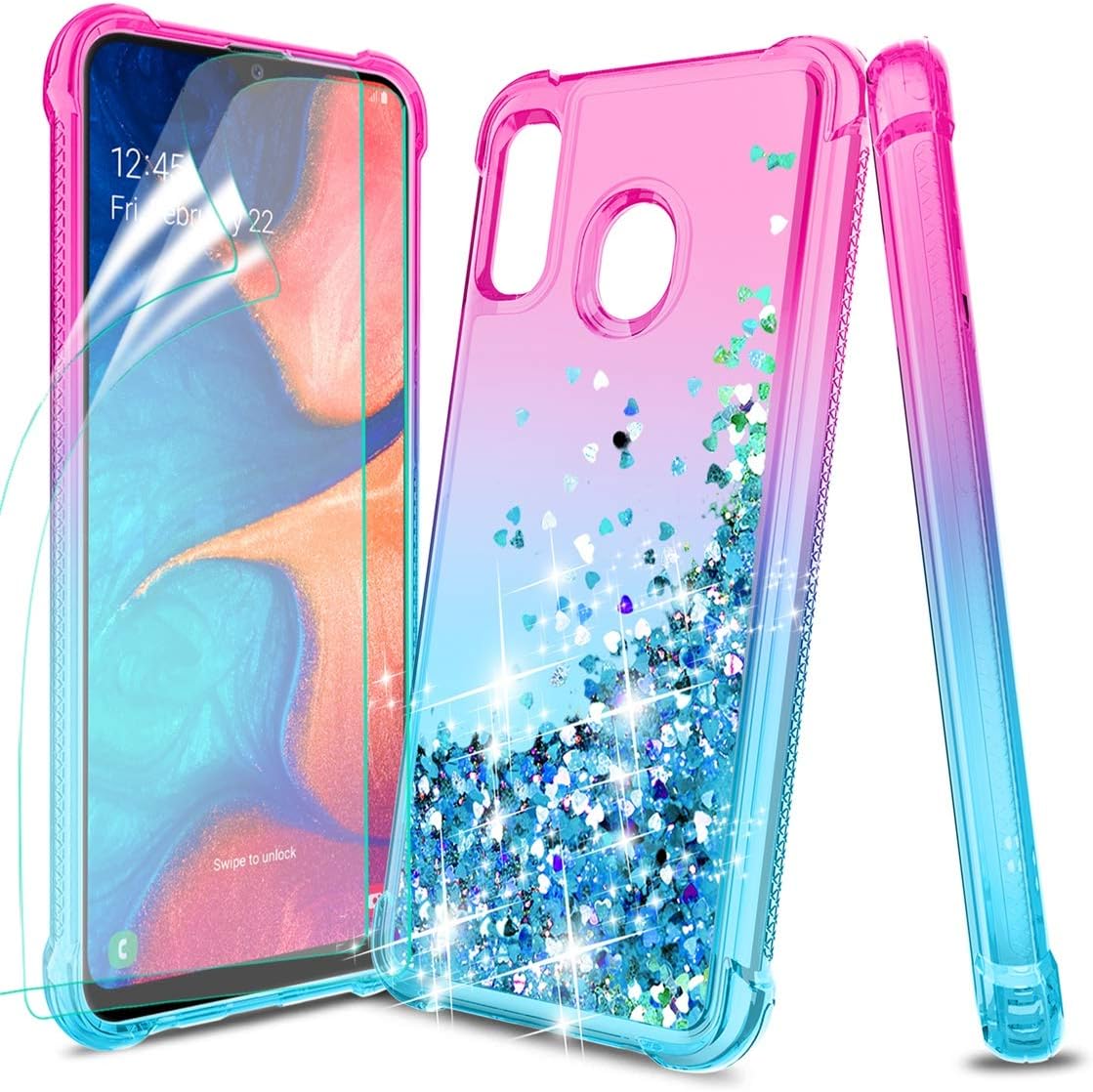 Tmacker Samsung Galaxy A20 Case,Galaxy A30/A20 Phone Case w/HD Screen Protector,TPU Glitter Liquid Quicksand Shockproof Protective Phone Cover for Girls Women (Pink/Teal)