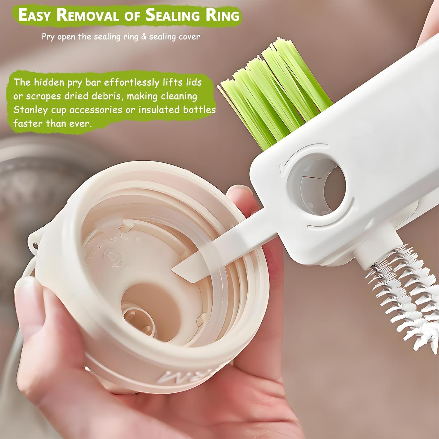 Cup Lid Cleaning Brush, 4-in-1 Multi-Purpose Gap & Seal Ring Scrubber for Tumblers, Water Bottles, Coffee Cups, Baby and Nipple Bottles