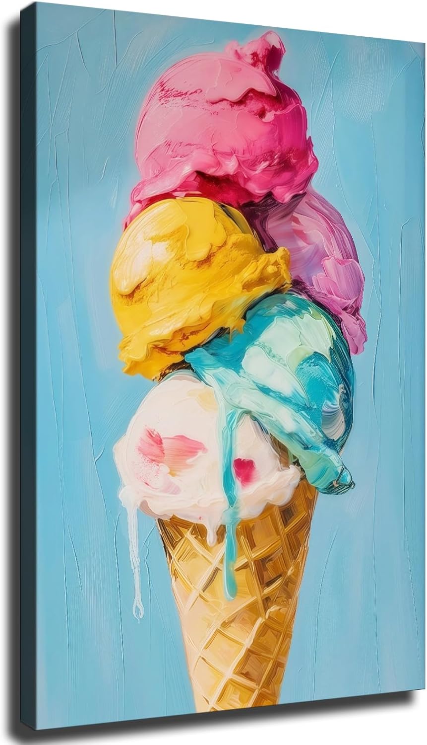 Colorful Kitchen Wall Art, Ice Cream Canvas, Ice Cream Framed Poster, Kitchen Wall Decor Gifts Ready To Hang (Framed,24×36 inch)