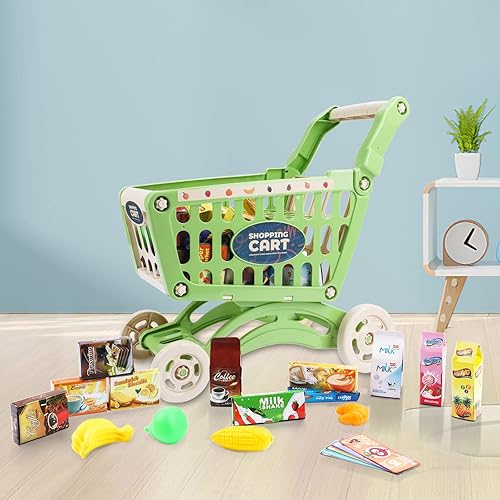 Vista 21 de deAO Carrito de compras para niños con carrito de compras de alimentos para tienda de juguetes, cocina, 65 piezas, juguete educativo (rosa)