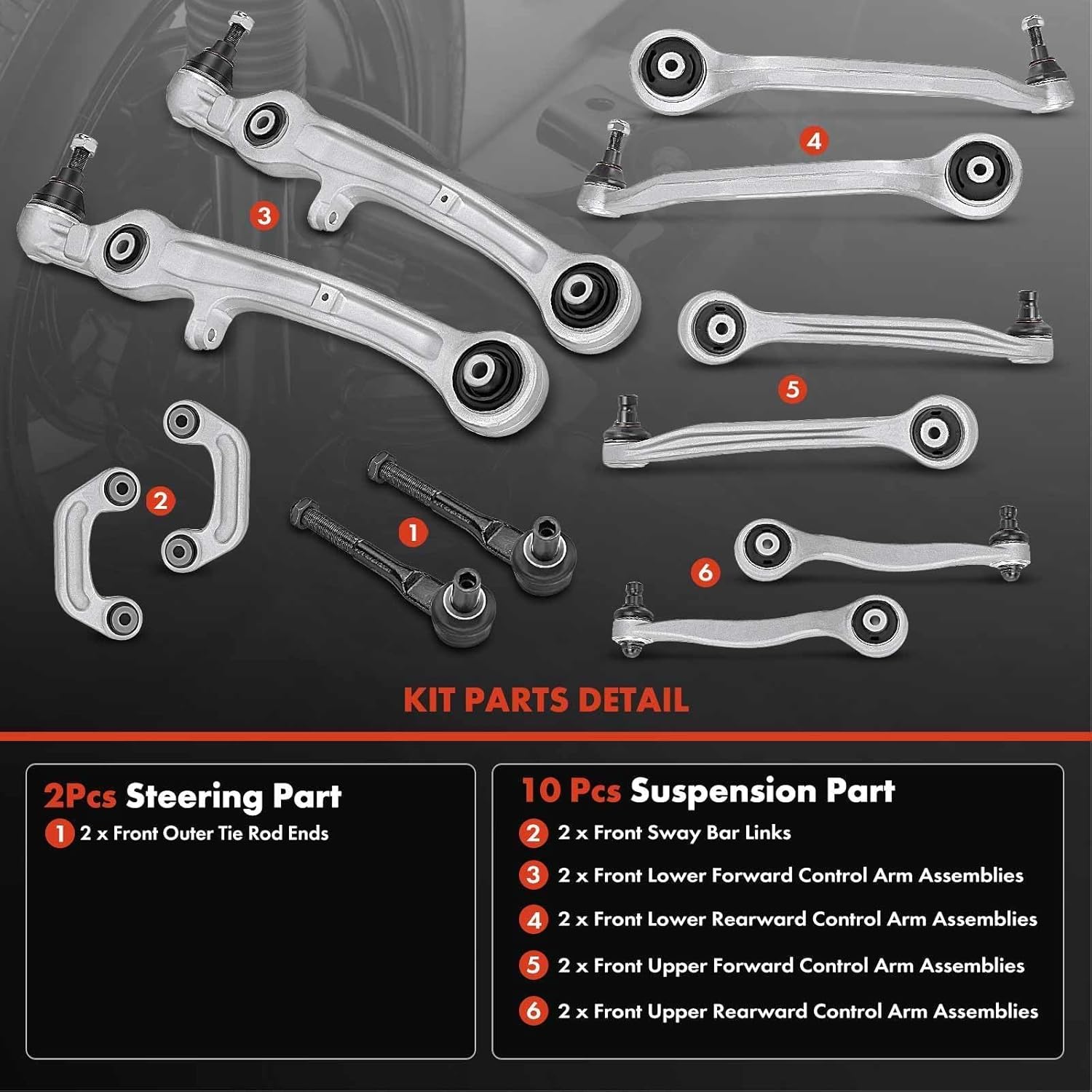 A-Premium Set of 12, Front Upper Lower Control Arm, Sway Bar Link, Outer Tie Rod End, Compatible with Audi A6 2006-2011, A6 Quattro 2005-2011, S6 2007-2010
