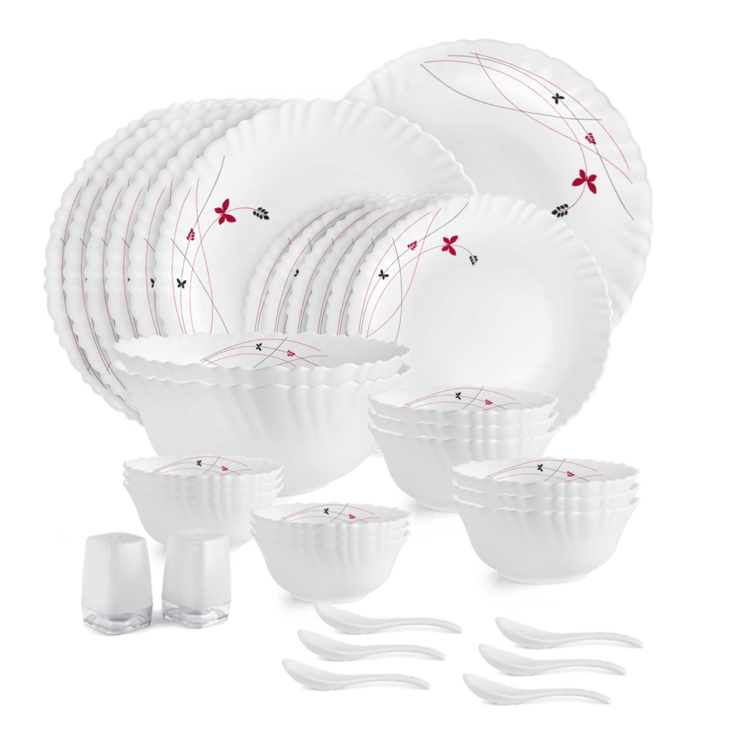 Cello Opalware Dazzle Series Lush Fiesta Dinner Set, 35 Units | Opal Glass Dinner Set for 6 | Light-Weight, Daily Use Crockery Set for Dining | White Plate and Bowl Set-image-31