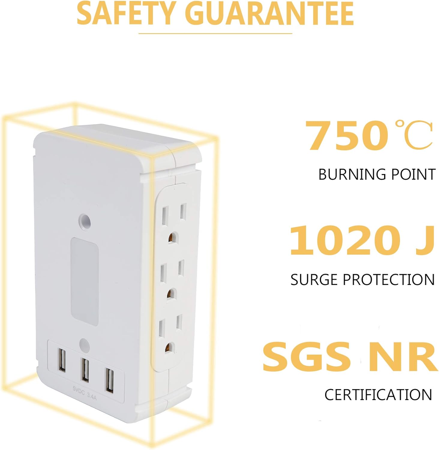 Wall Outlet Extender-2 Pack Surge Protector Outlet Wall Plug with USB Ports(3.4A Total), 6 AC Outlets,15 A, Removable Outlet Shelf,Smart Night Light,1020J,Wide Compatible