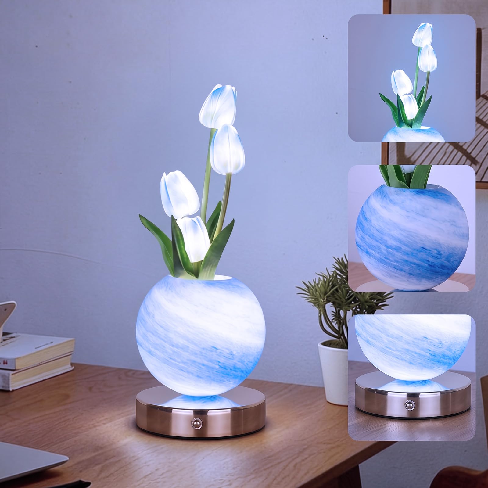 CECOMBINE Tulip Flower Lamps, 3-Color Infinitely Dimming Tulip Table Lamp, USB Rechargeable Cordless Table Lamp, Floral Tables Mood Light Party Home Decoration, Romantic Gifts for Girl Women Mom