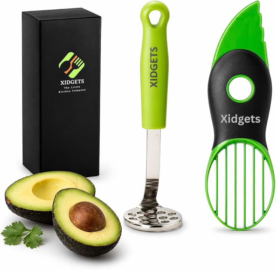 2pc Avocado Tool Set in Box - 3-in-1 Avocado Slicer with Cutter & Pit Remover + Mini Masher - Kitchen Utensil Gift Set for Guacamole Lovers by Xidgets (Zippy Green/Zippy Green)