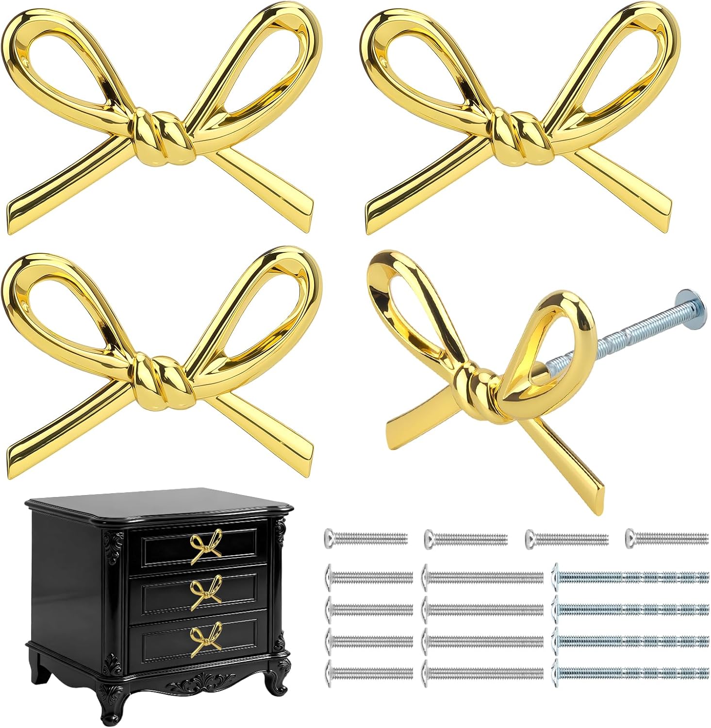 4 Set Gold Bow Dresser Knobs Cute Drawer Knobs Gold Decor Drawer Zinc Alloy Brushed Brass Hardware Handles Pulls Vintage Cupboard Drawer Knob for Kitchen Cabinets Home Bedroom (4, Gold)
