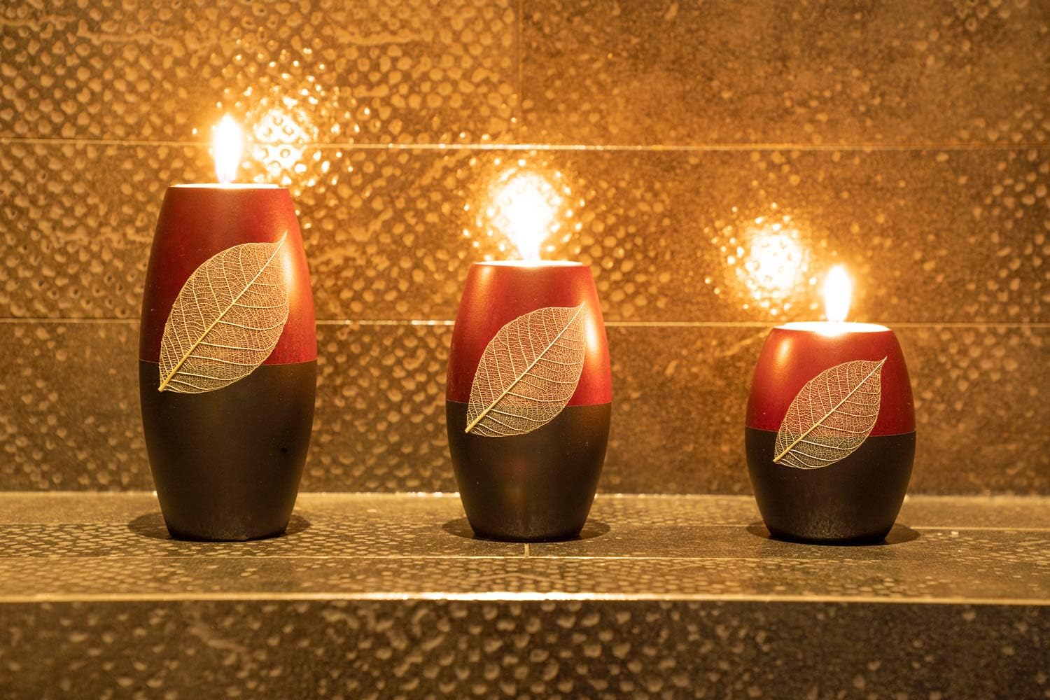 IYARA CRAFT 3 Wooden Candle Holders Decorative Candle Holders with Beauty Decor Dry Leaf – Intricate Details – Matte Wood Finish – Ideal for Modern & Rustic Settings 2 Tones, red, Black (Rugby Shape)