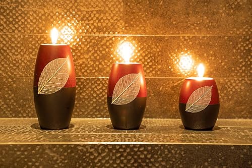 Miniatura 8 de IYARA CRAFT 3 portavelas de madera decorativos con decoración de belleza, hojas secas, detalles intrincados, acabado de madera mate, ideal para