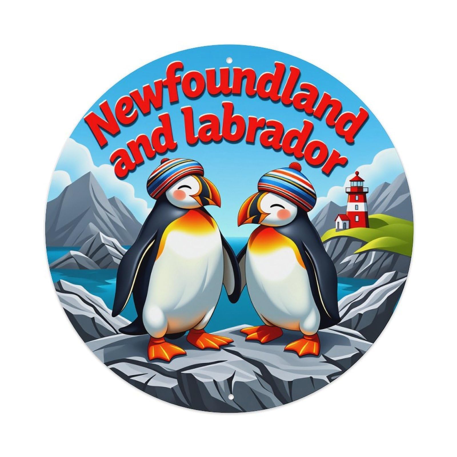 Wmlzdnwr Vintage Penguins Wearing Hats On Rock With Lighthouse Background Round Tin Sign,Retro Wall Art,Metal Poster For Home, Bar, Garage, Cafe, Rustic Indoor & Outdoor Decor, 8X8 Inches