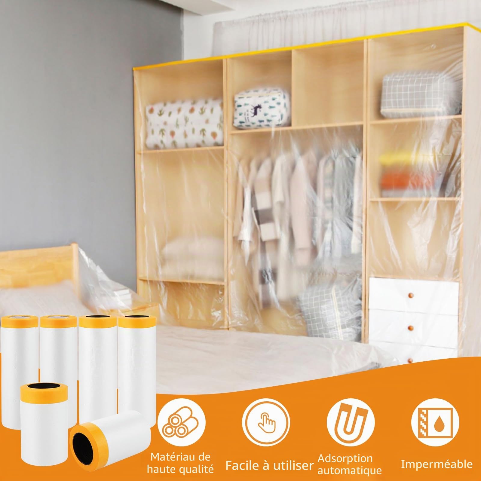 6 Rouleaux Papier de Masquage Peinture,3 Tailles-280/150/55cm Bache de Protection Peinture Transparente, Masker avec Ruban de Adhésifs Masquage Peinture, pour Meuble de Protection