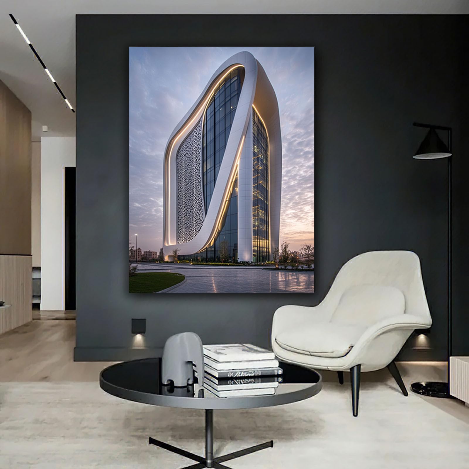 CUDAOO Płótno sztuka ścienna budynek miejski pejzaż miejski drukuje łuk lekki budynek do dekoracji biura domowego (biały) - 70 x 100 cm oprawiony