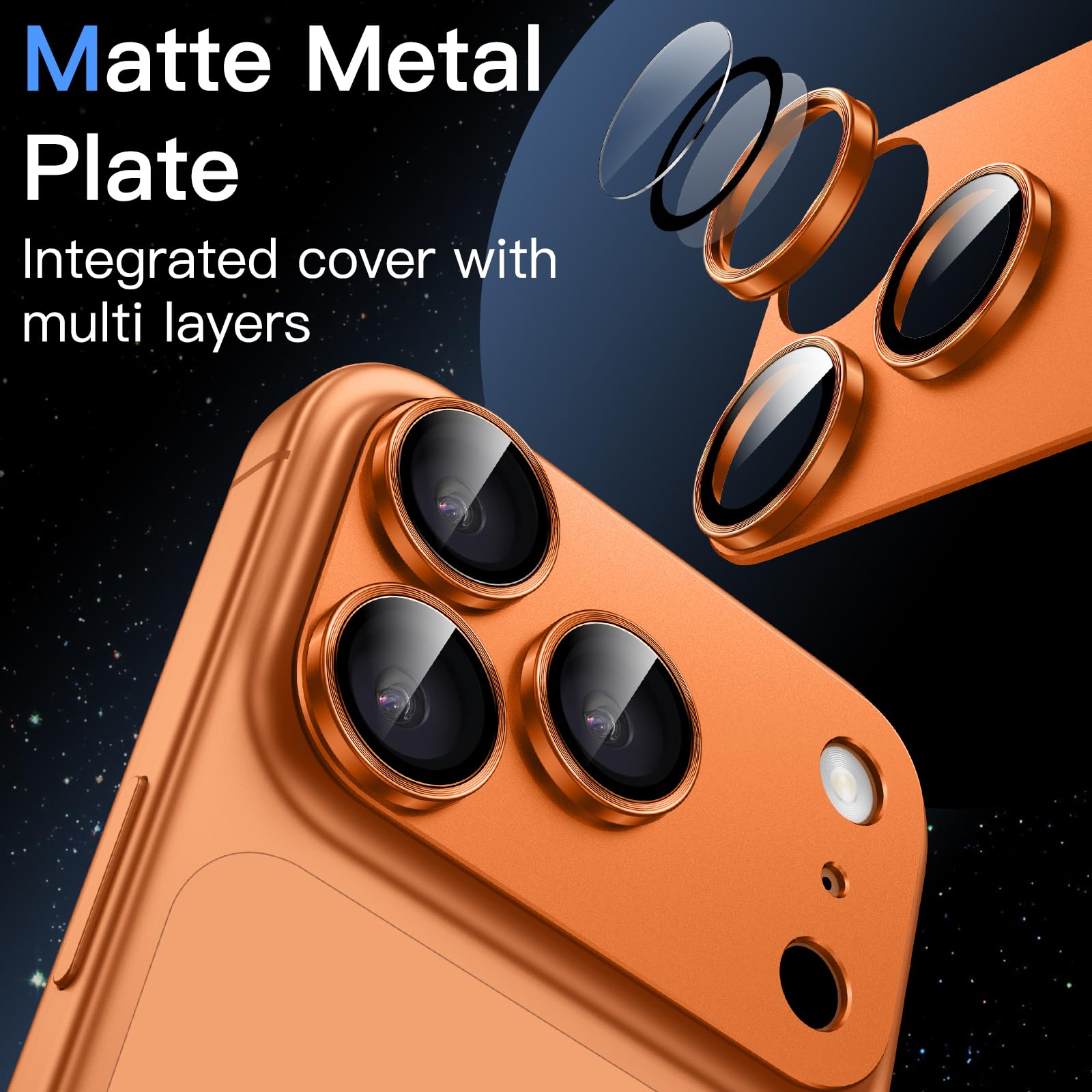 JETech Protecteur d'Objectif de Caméra pour iPhone 17 Pro Max 6,9 Pouces, Couverture Complète en Verre Trempé 9H Anneau, Plaque Métallique Mat, Compatible avec la Coque, Lot de 1 (Orange)